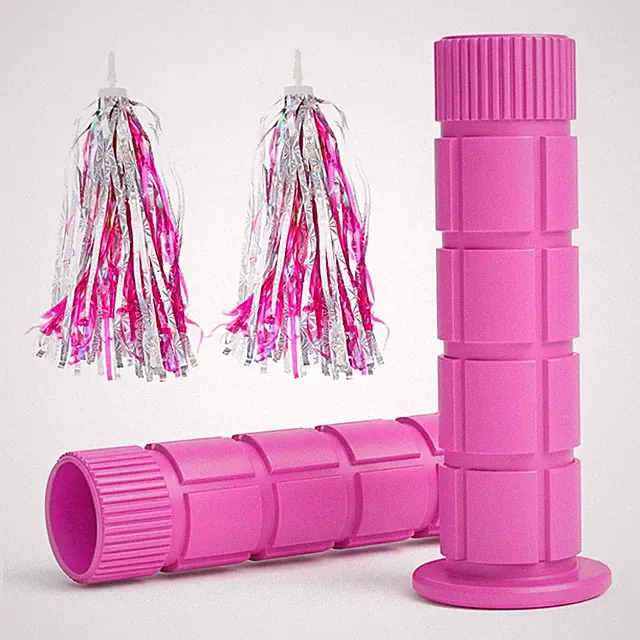 SAPLIZE Bike Handlebar Grips, for Kids 4.9", Pink with Silver Streamers