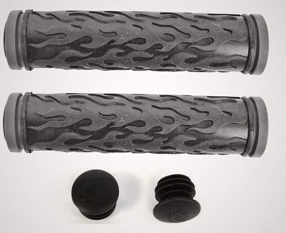 SUNLITE BICYCLE BIKE FLAME BLACK/GREY BICYCLE GRIPS W/ END PLUGS NEW