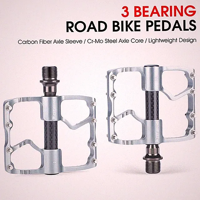 WEST BIKING 3 Sealed Bearings Carbon Fiber Axle Bike Bicycle Pedals 9/16" Silver